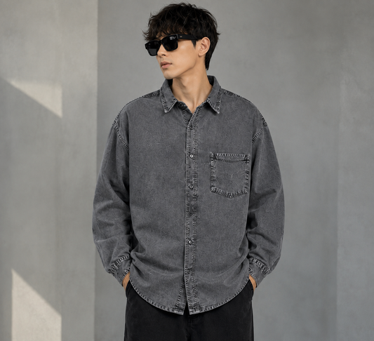 Men's Korean Streetwear Oversized Denim Shirt, Vintage Washed Long Sleeve Button-Down Casual Shacket with Pocket