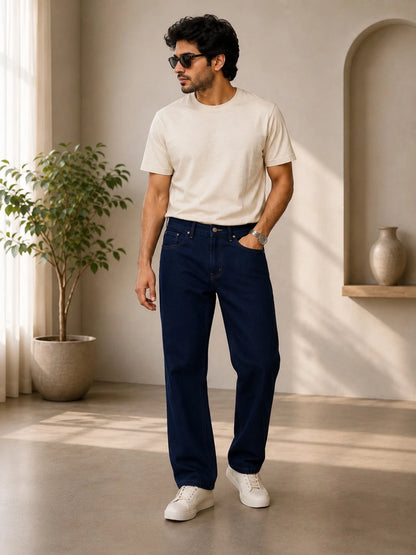 Men Regular Fit Dark Blue Cotton Denim Jeans for Everyday Wear