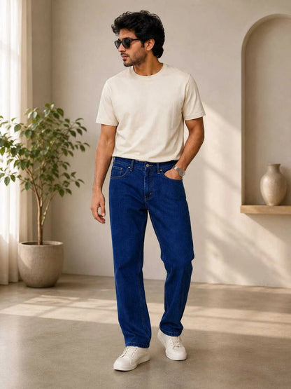 Men Regular Fit Dark Blue Cotton Denim Jeans for Everyday Wear