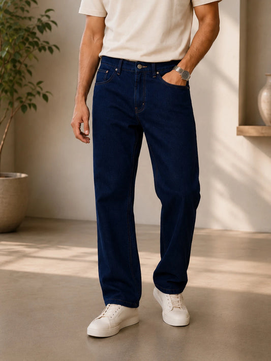 Men Regular Fit Dark Blue Cotton Denim Jeans for Everyday Wear