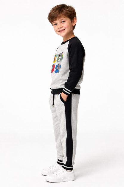 Young Trends Boys Tom Cartoon Printed 100% Cotton French Terry Sweatshirt & Jogger Co-ord Set | Full Sleeve Winter Tracksuit
