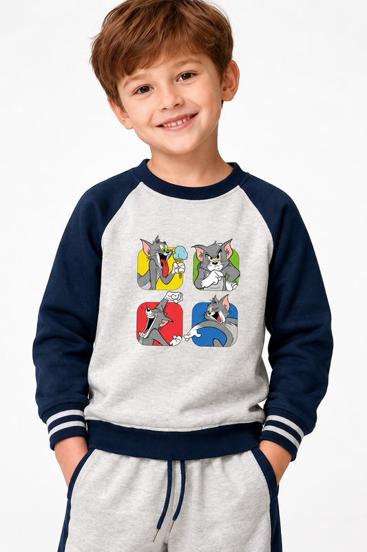 Young Trends Boys Tom Cartoon Printed 100% Cotton French Terry Sweatshirt & Jogger Co-ord Set | Full Sleeve Winter Tracksuit