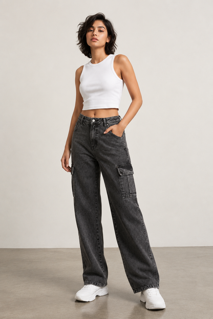 Women’s Baggy Fit Cargo Jeans | High Waist Wide Leg Denim | Stylish Casual Street Style Pants for Girls