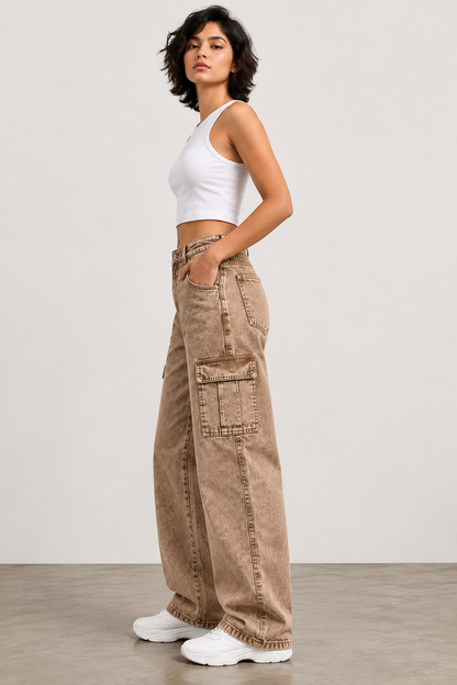 Women’s Baggy Fit Cargo Jeans | High Waist Wide Leg Denim | Stylish Casual Street Style Pants for Girls