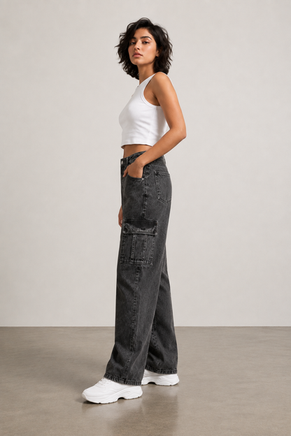 Women’s Baggy Fit Cargo Jeans | High Waist Wide Leg Denim | Stylish Casual Street Style Pants for Girls