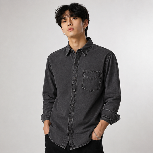 Men's Korean Streetwear Oversized Denim Shirt, Vintage Washed Long Sleeve Button-Down Casual Shacket with Pocket