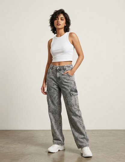 Women’s Baggy Fit Cargo Jeans | High Waist Wide Leg Denim | Stylish Casual Street Style Pants for Girls