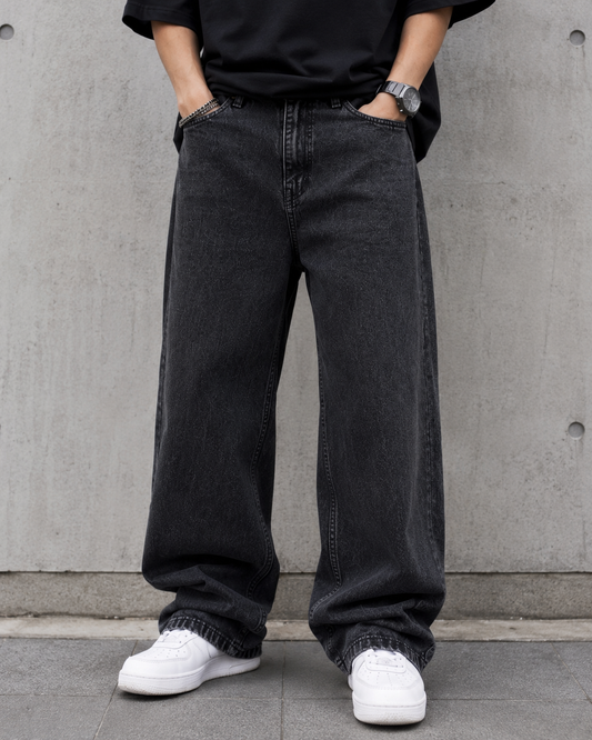 Men's Black Baggy Fit Denim Jeans | Oversized Wide Leg Casual Streetwear Jeans