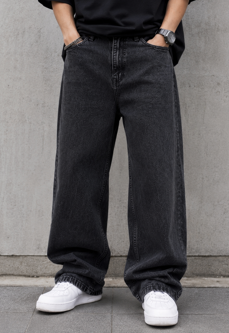 Men's Black Baggy Fit Denim Jeans | Oversized Wide Leg Casual Streetwear Jeans