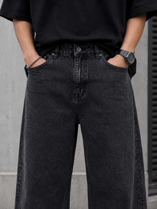 Men's Black Baggy Fit Denim Jeans | Oversized Wide Leg Casual Streetwear Jeans